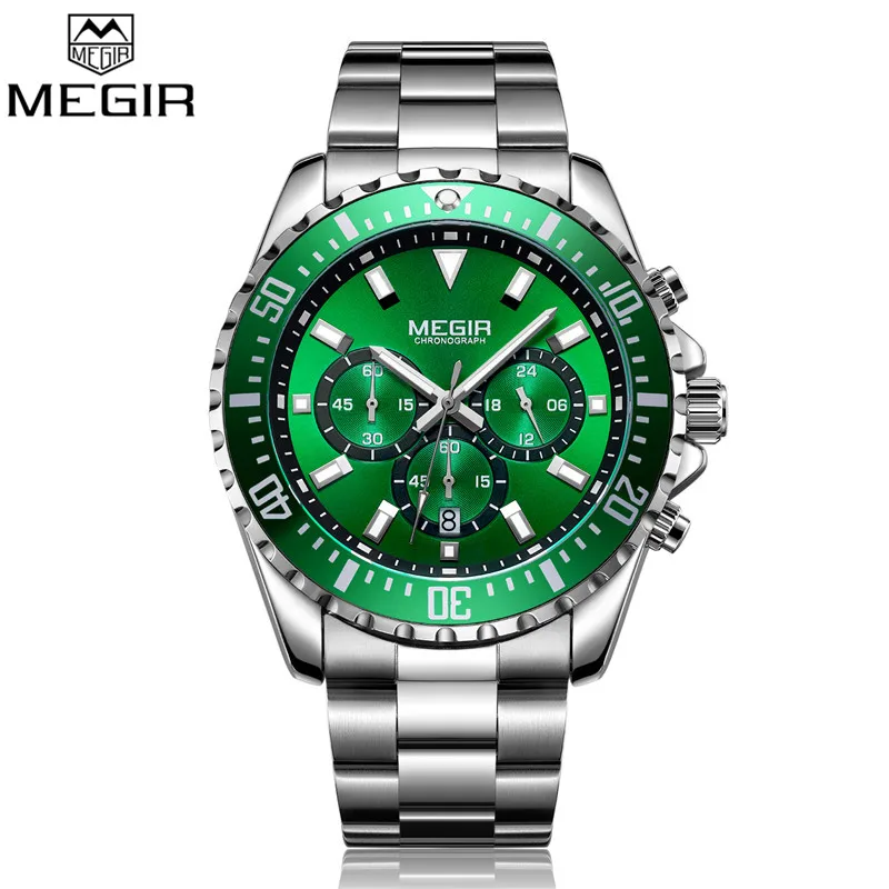 ME206404 MEGIR мужские часы Топ люксовый бренд хронограф мужские часы военные армейские спортивные полностью Стальные кварцевые наручные часы с зеленым циферблатом 2064 - Цвет: ME206404