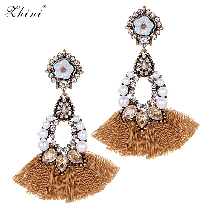 ZHINI New Fashion Jewelry Bohemian Luxury Simulated Pearl Wedding Women Statement Earrings Tassel Drop Dangle Wholesale | Украшения и