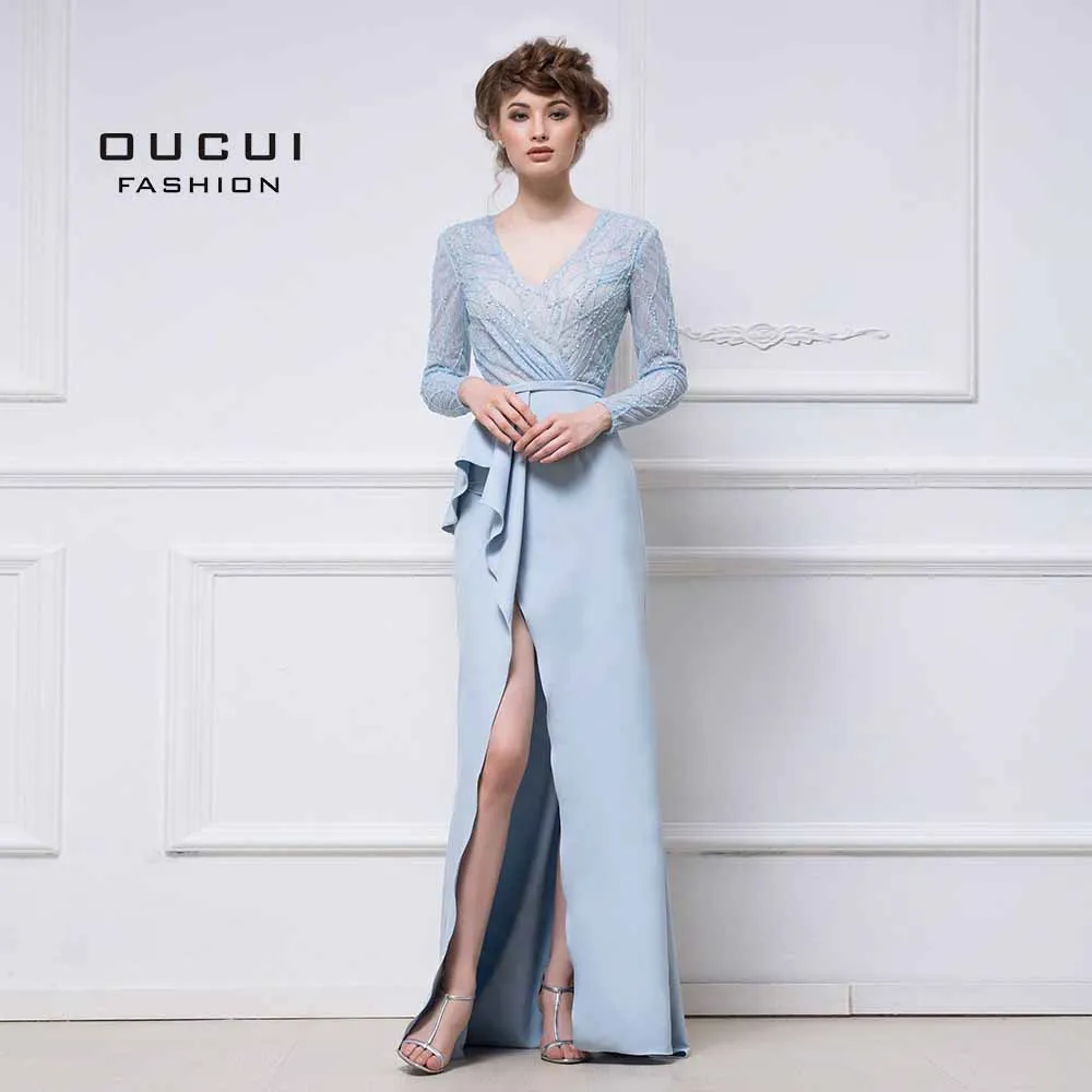 Blue Реальные фотографии, длинные рукава, вечерние кружевные платья, полностью расшитые бисером, ручная работа, элегантные, с высоким разрезом, сексуальные, вечерние платья для выпускного вечера, Abiye OL102983 - Цвет: Blue