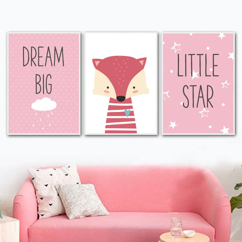 

Cartoon Fox Pink Hello Word Dream Space Art Wall Nordic Style Home Decor Painting Canvas Prints Poster Modern Picture For Room
