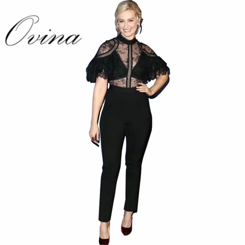 Black Lace Mesh Patchwork Transparent Pencil Pants Bodycon Bandage Rompers Women Jumpsuit