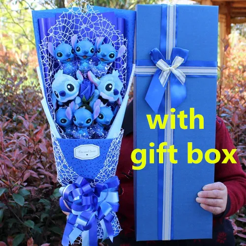 blue with BOX Мыло розы стежка Букет Кристалл Свадебный Искусственный шелк цветок букет Шарм День Святого Валентина букет мини Стич - Цвет: blue with BOX