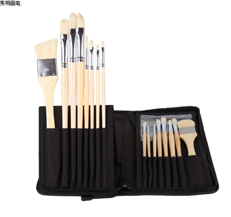 

2269 acrylic and oil brushe 16PC/Set hog bristle hair wooden handle brush set