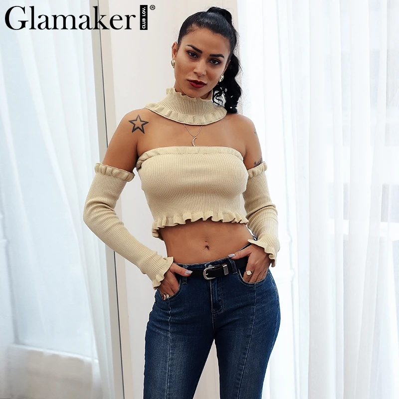 Glamaker Ruffle cold shoulder turtleneck sexy sweater Women halter long sleeve pullover Knitted backless summer party jumper | Женская