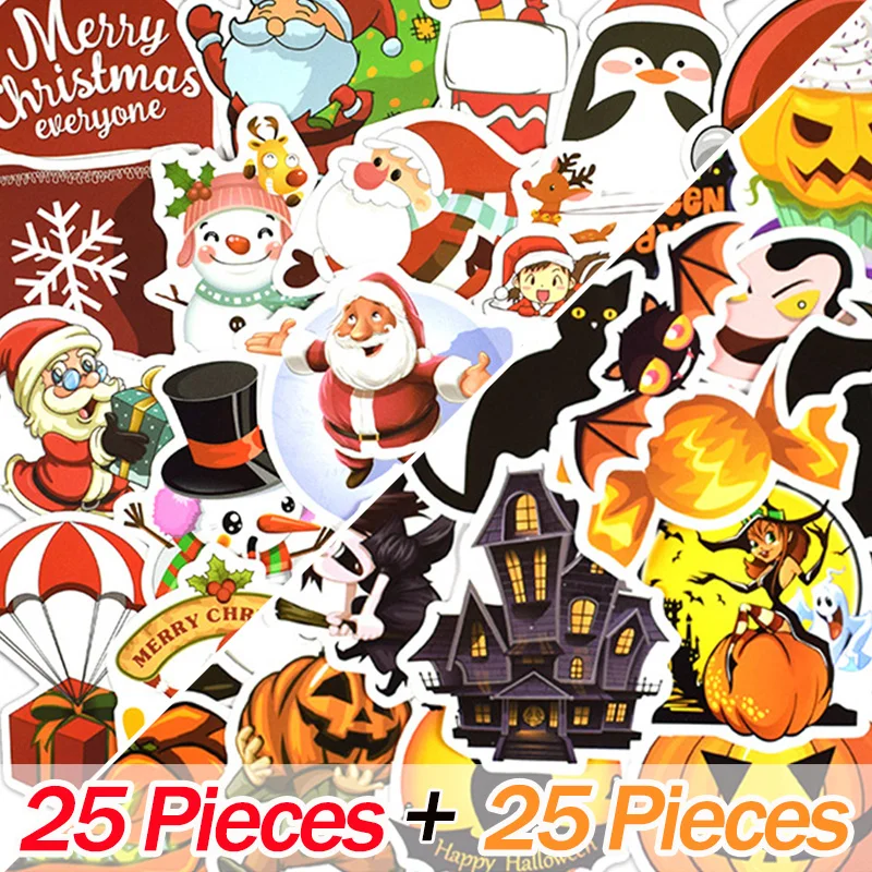 

25pieces/lot Halloween Christmas Waterproof Cartoon Stickers For Wall Decor Fridge Bike Refrigerator Laptop Car Stickers