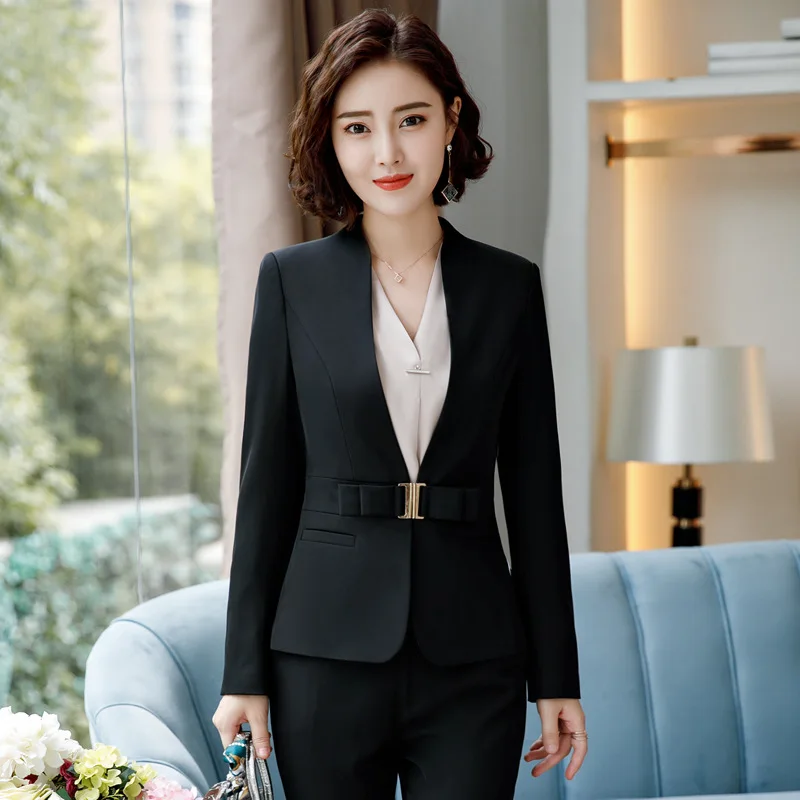 black top and pant Элегантный Feminino деловой пиджак платье костюм плюс размер 4XL платье для офиса комплект Женский блейзер Униформа с длинным рукавом - Цвет: black top and pant