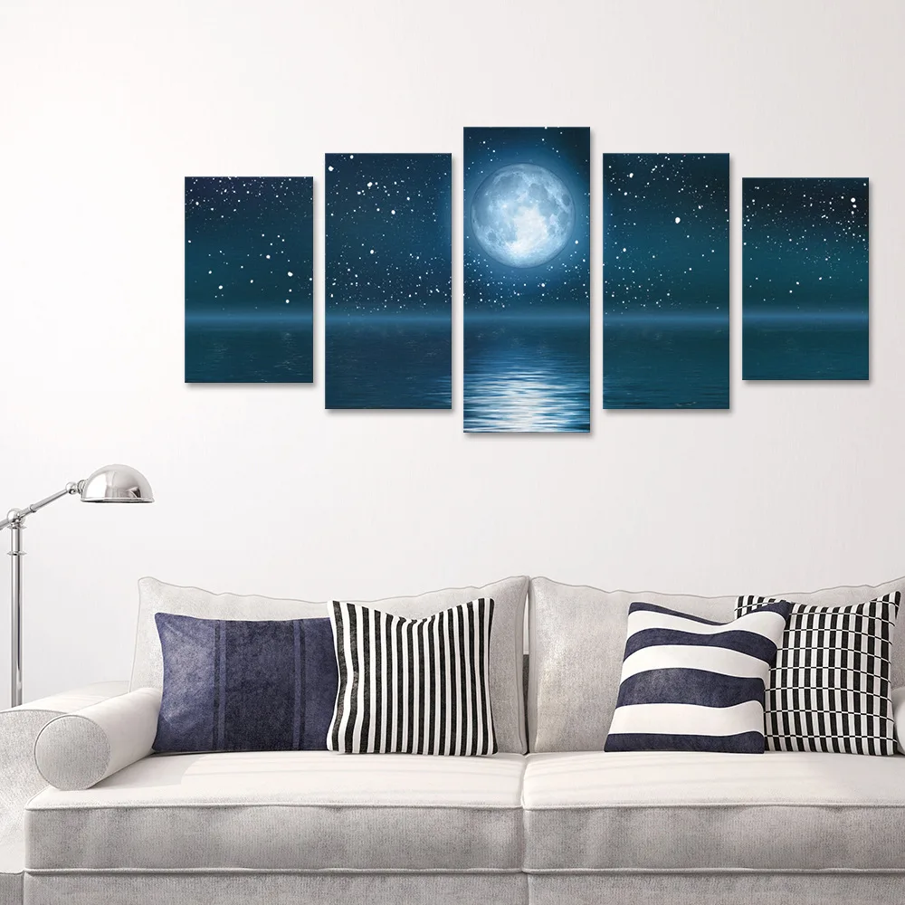 

3D City Moonlight Painting Bedroom Living Room Background Sofa Wall Modern Home Decoration Frameless Five Pictures Inkjet Canvas