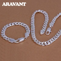 925 silver 10mm flat necklace chains bracelet set for women fashion jewelry