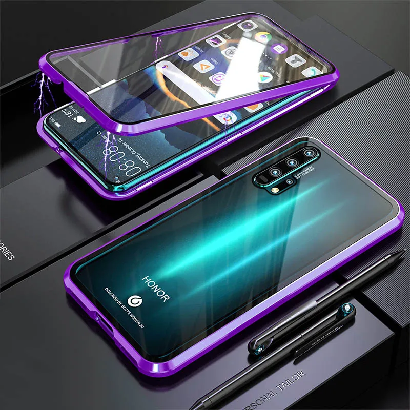 Purple Чехол на весь корпус, противоударный чехол для huawei honor 20, чехол, металлический чехол Bumber honor 20 Pro, Защитное стекло для задней панели, чехол s - Цвет: Purple