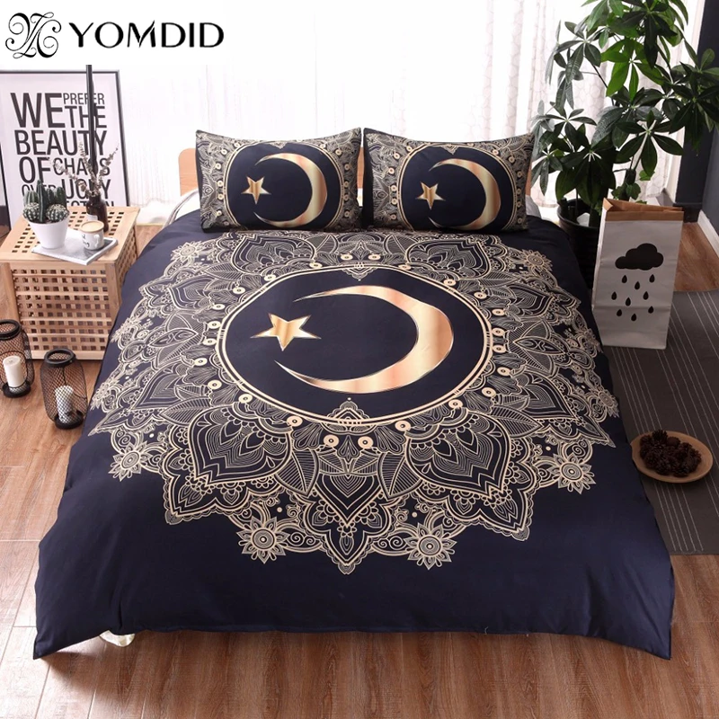 

3PCS Gold Mandala Bedding set Star&Moon Dreamcatcher printing Bedclothes Bedding sets Duvet Cover Pillowcase for queen King size