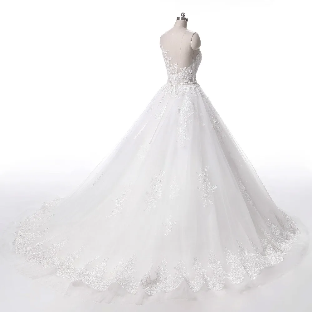 

New Design Ball Gown Wedding Dresses 2017 Sheer Neck Sleeveless Sweep Train Lace Tulle Bridal Gowns 2017 Custom Made