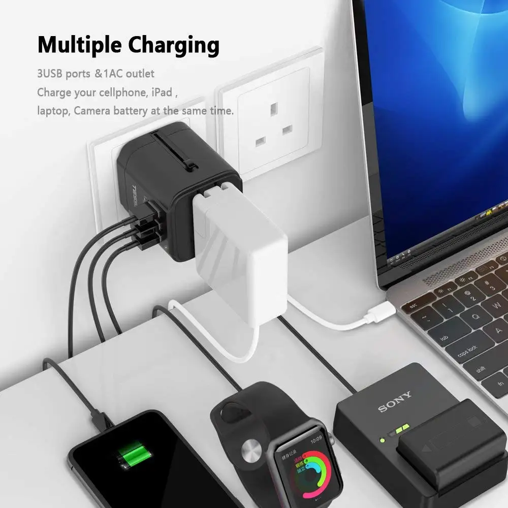 Универсальный дорожный адаптер питания Tessan переходник с 3 USB-портами для розеток