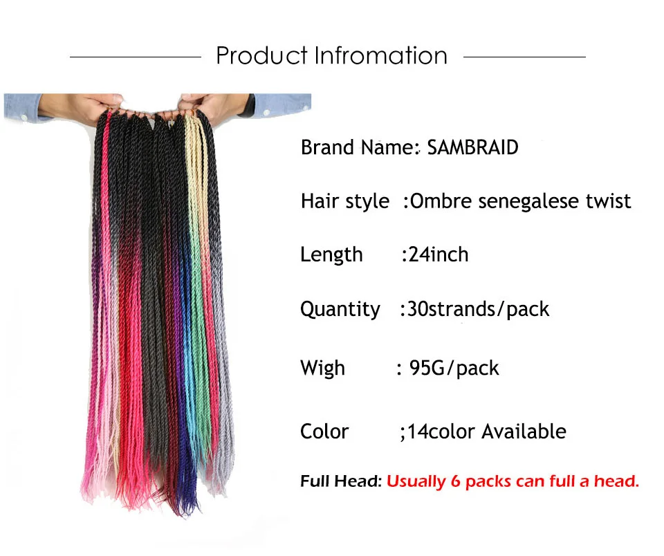 SAMBRAID, 24 дюйма, розовые, Ombre, синтетические плетеные волосы для наращивания, 95 г/упак., 30 корней, вязанные крючком косички, Сенегальский твист для черных женщин