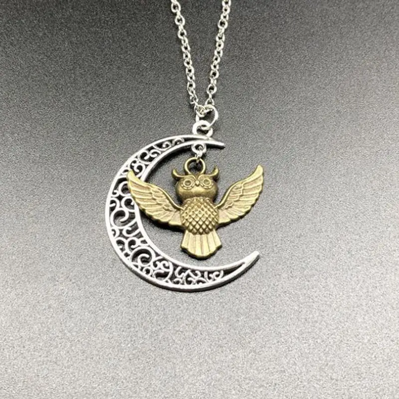 Богиня полумесяц Кулон Сова Ожерелье старинное серебро заявление ожерелье