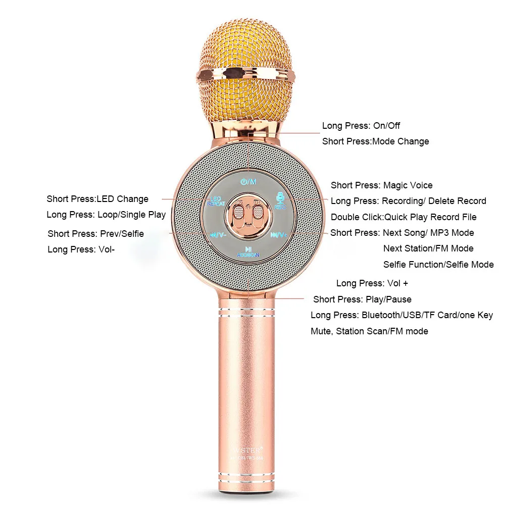 WS668 беспроводной микрофон Bluetooth микрофон караоке динамик голосовой смены микрофон для ПК телефона светодиодный светильник диск PK WS858