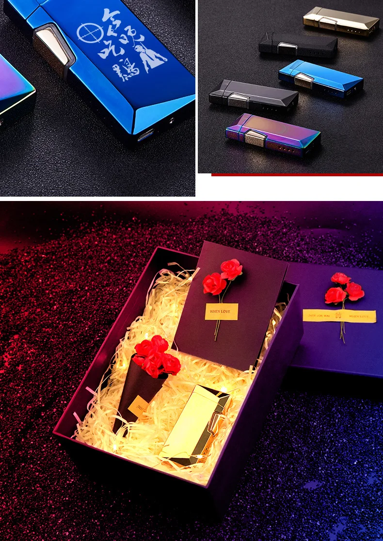 Роскошная мужская подарочная usb зарядка Зажигалка Мужская металлическая электрическая перезаряжаемая Зажигалка двойная дуга Плазменные зажигалки для сигарет индивидуальные фото