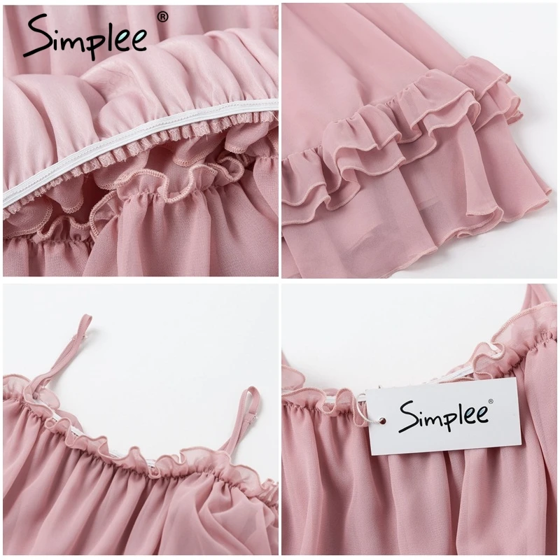 Женский розовый короткий сарафан Simplee, элегантное повседневное шифоновое платье с открытыми плечами для праздника, женское платье с узкими бретельками