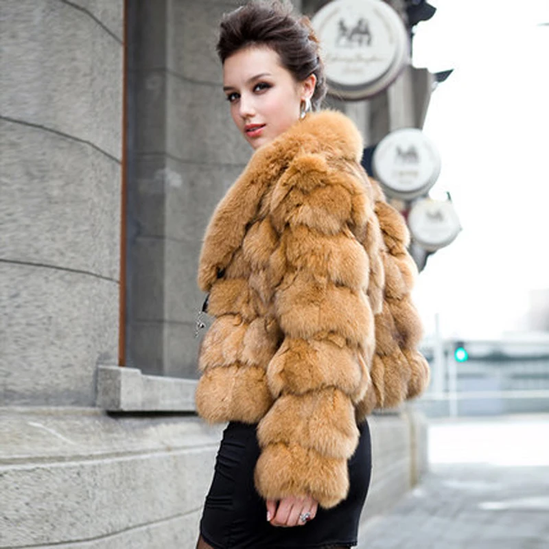 Зимнее женское пальто из натурального Лисьего меха большой воротник лисьего