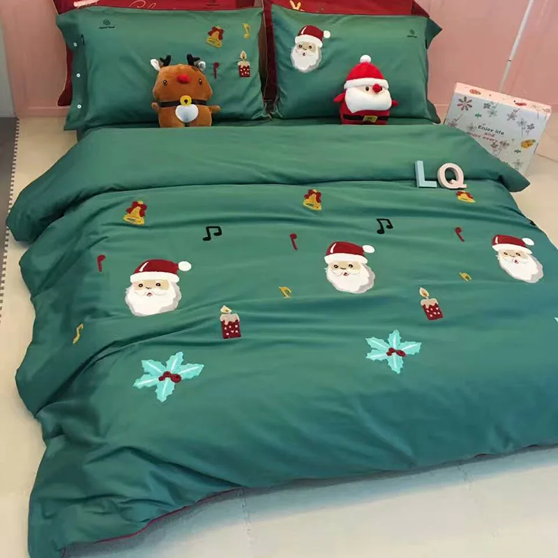

New blue Lovely Merry Christmas gift Deer Tree Queen King 4Pcs Cartoon Bedding set 100% Cotton Sanding Duvet cover Bed sheet set