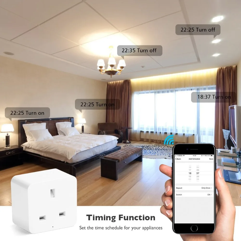 Умная розетка с британской вилкой, Wi-Fi, розетка с таймером, 16А, контроль энергопотребления, голосовое управление, работа с Alexa и Google IFTTT