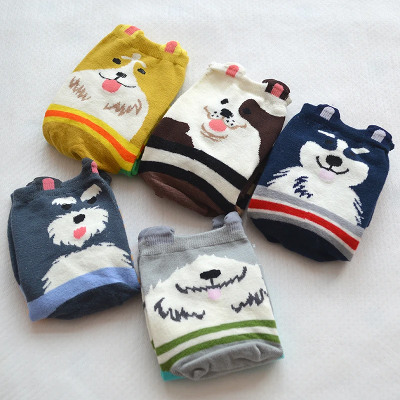 5 пар/уп. милые женские хлопковые носки с рисунком собаки каваи полосатая собака