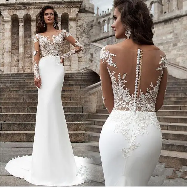 Новое Прибытие Русалка Свадебные Платья 2017 Иллюзия Шеи Длинные Рукава Суд Поезд