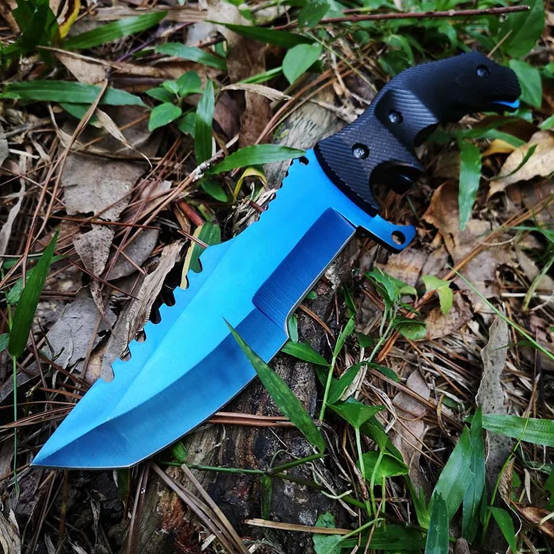 blue Тактический Походный нож Huting, прямой фиксированный нож с лезвием Rambo Bowie, радуга/синий/золото/черный титан на выбор - Цвет: blue