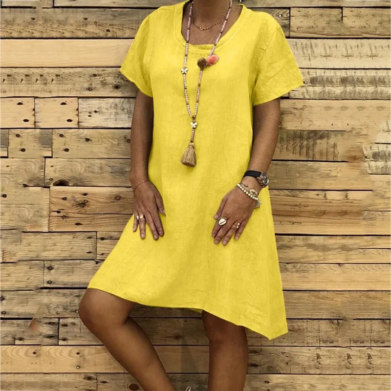 Женское свободное платье с круглым вырезом хлопковое Свободное коротким рукавом