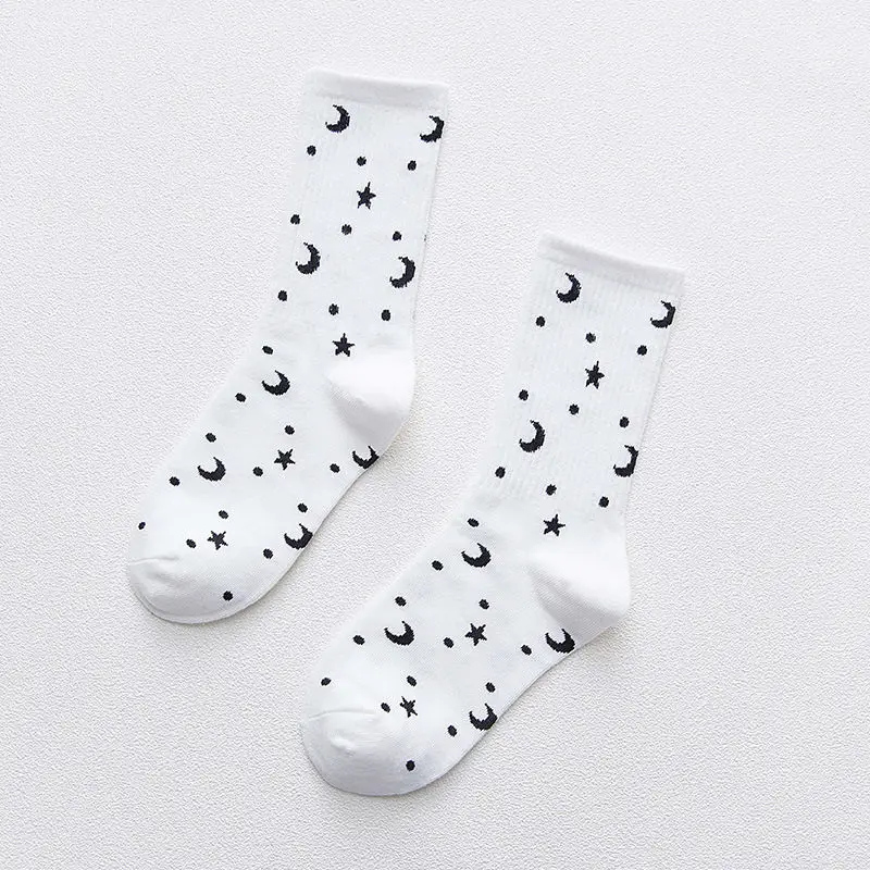 Moon star White Для мужчин модные веселое Harajuku хлопковые носки улица хип-поп носки без пятки Прохладный Мужская Скейтборд экипажей черный, белый цвет Happy socks 35-43 - Цвет: Moon star White