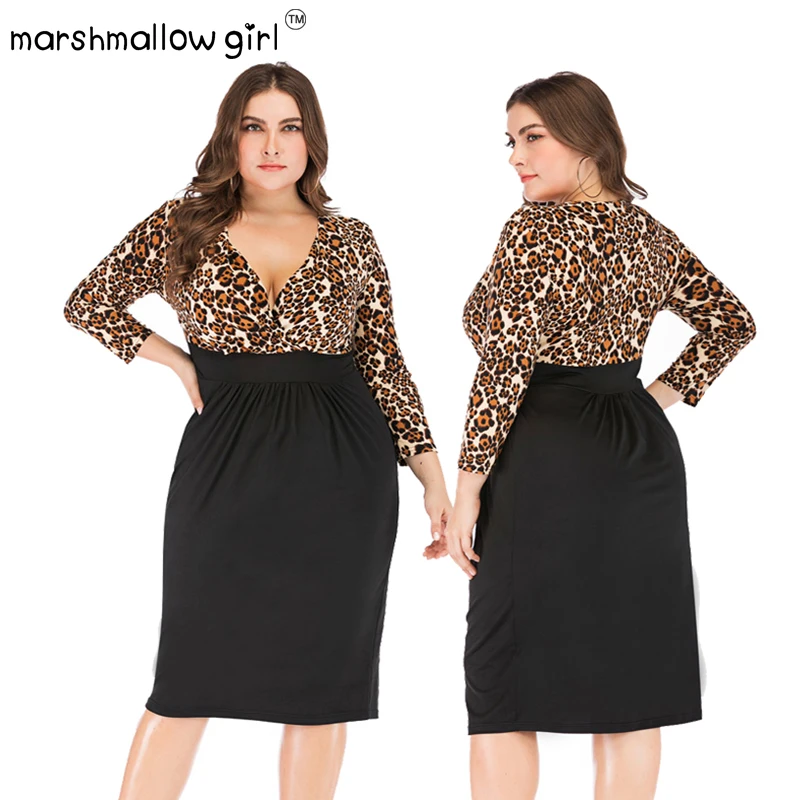 Plus Size XL-5XL Summer women Dress Sexy Leopard stitching Short vestidos de fiesta long sleeve party dress | Женская одежда