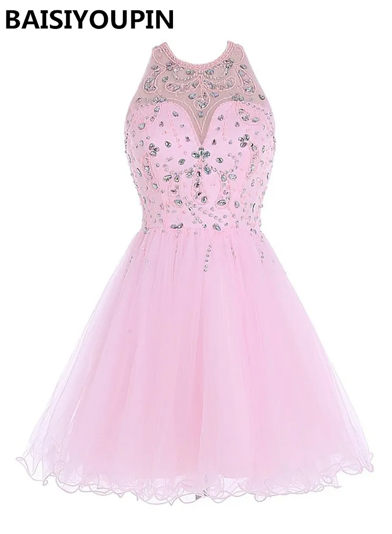 Розовые короткие платья для выпускного вечера Vestido 15 Anos Curto Дешевые Бисерные Кристаллы без спинки платье для выпускного вечера
