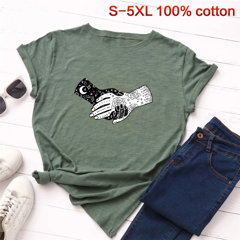 Женская футболка размера плюс S 5XL New Hands Moon Star 100% хлопок с круглым вырезом коротким