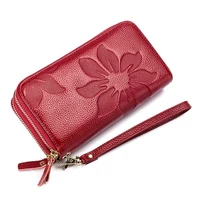 high capacity card holder wallet female wristlet genuine leather floral embossed long wallets for women double zipper clutch bag