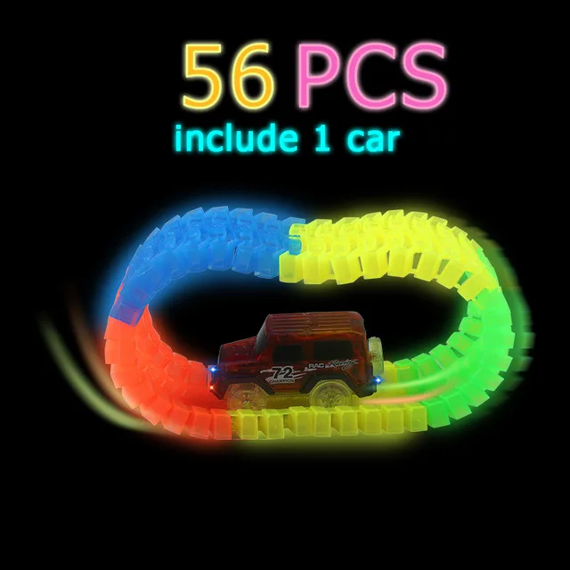 56 pcs with 1car Светящийся гоночный трек набор 5 светодиодный светильник трек тележка на колесах гибкий светящиеся треки игрушка 162/165/220/240 гоночной трассе гибкий ж/д светодиодный автомобиль - Цвет: 56 pcs with 1car