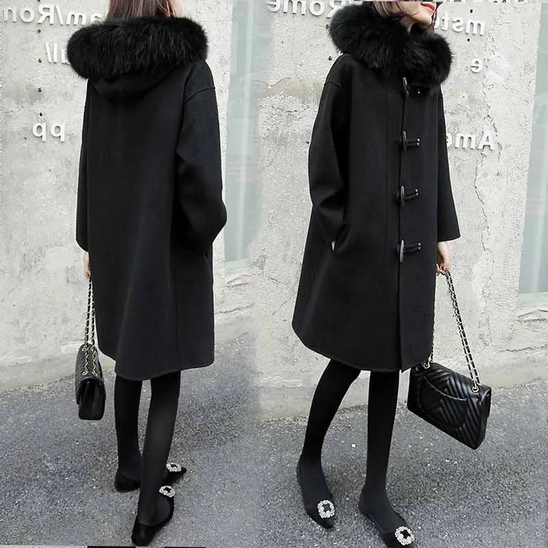 

Black Woolen Coat Winter Women Jacket New Fashio Hooded Outerwear Long Real raccoon fur collar Female wool 95% Coats