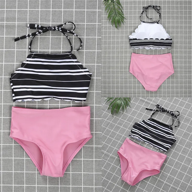 

Купальник-бикини в полоску для мамы и дочки, с высокой талией