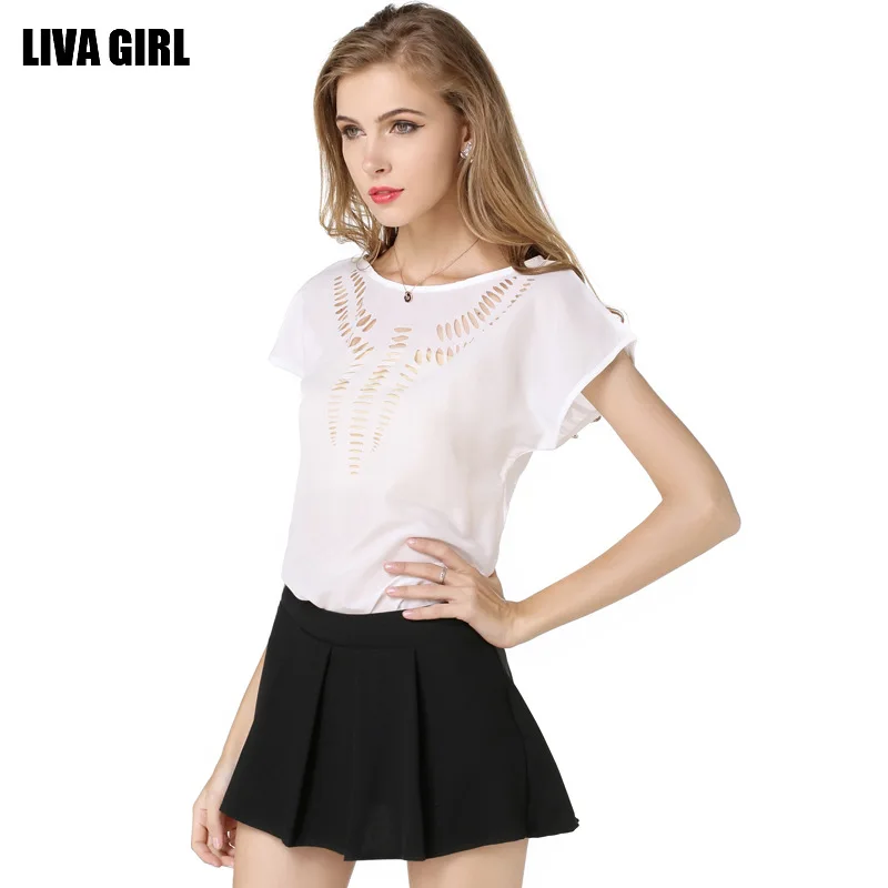 Lg1206 лето женщины блузки с коротким твердого вещества выдалбливают шифон Большой