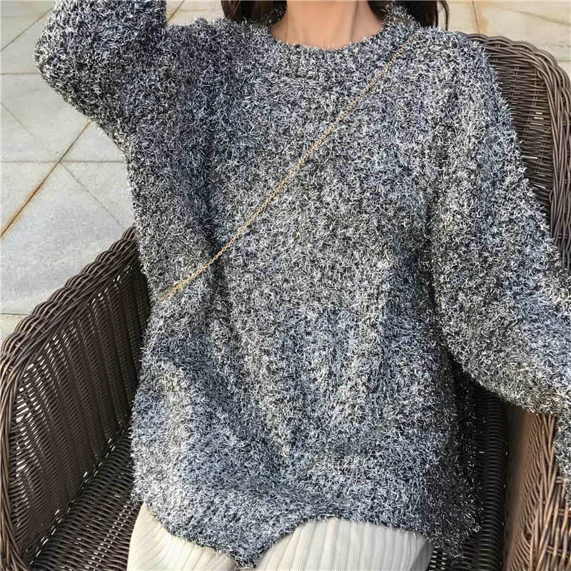 Cakucool 2020 Sweater Women Pull Femme Asymmetric Design Shiny Silver Lurex Christmas Korean Oversize Mid Long Jumpers | Женская одежда