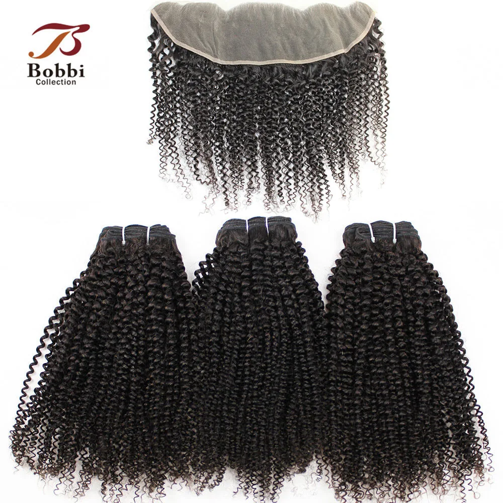 Afro Kinky Curly Bundles With Frontal 4x13 Lace Closure Transparent Pre-plucked Lace Brazilian Remy Human Hair Weave BOBBI