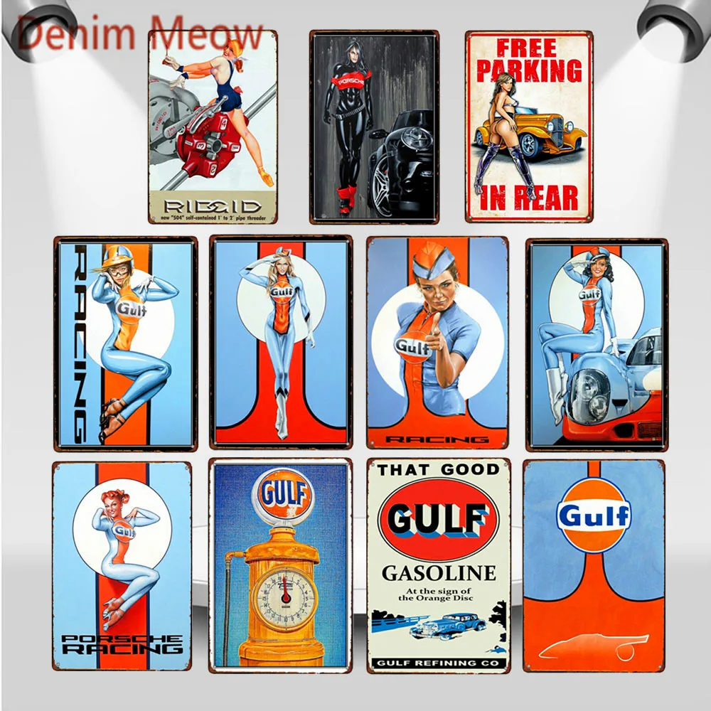 Что хороший залив бензин Винтаж Pin Up Девушка металлическая жестяная вывеска самолет мотоцикл плакат настенный налет двигатель картина маслом Декор WY69