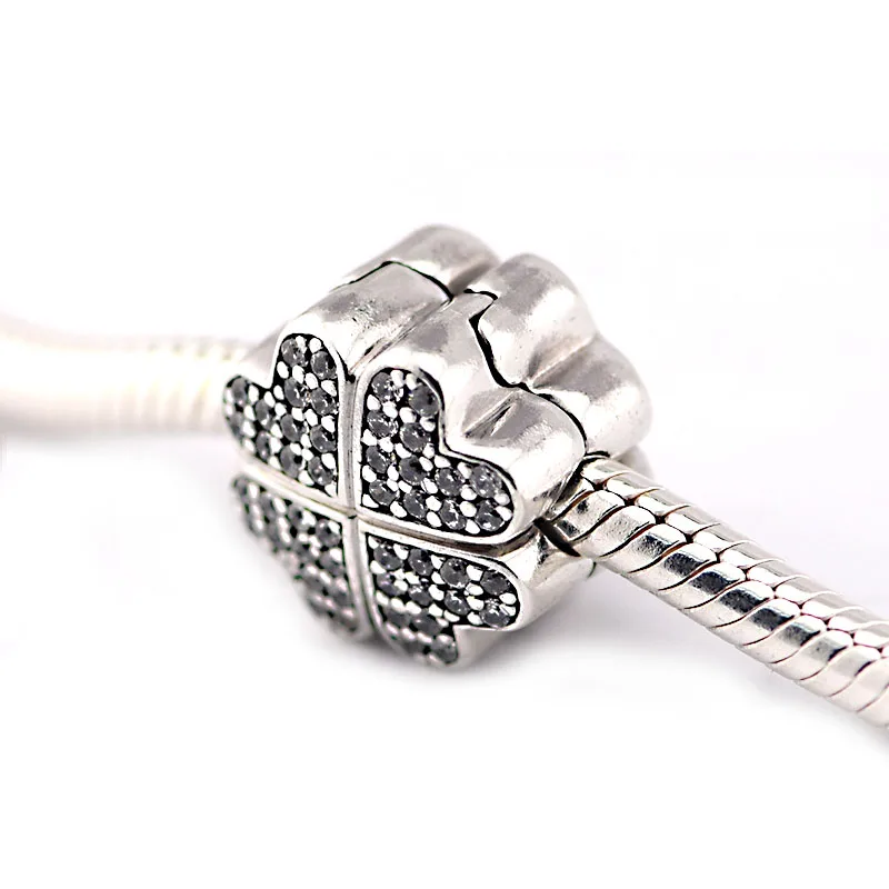 

100% 925 Sterling Silver Jewelry Lucky Clover Love Clear Zircon Cilp Charm Beads Fit Silver Charm Bracelets For Women & Men