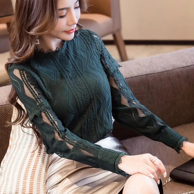 Кружевная блузка 2018 женские блузки рубашки элегантные выдалбливязаный крючком с