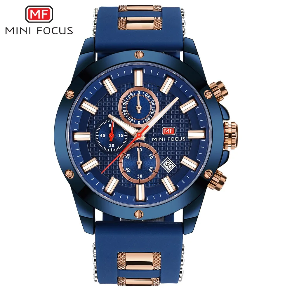 Blue Mens Watches Top Brand Luxury MINI FOCUS Chronograph Sport Men's Wrist Watch 2019 Waterproof Silicone Male Clock Man | Наручные