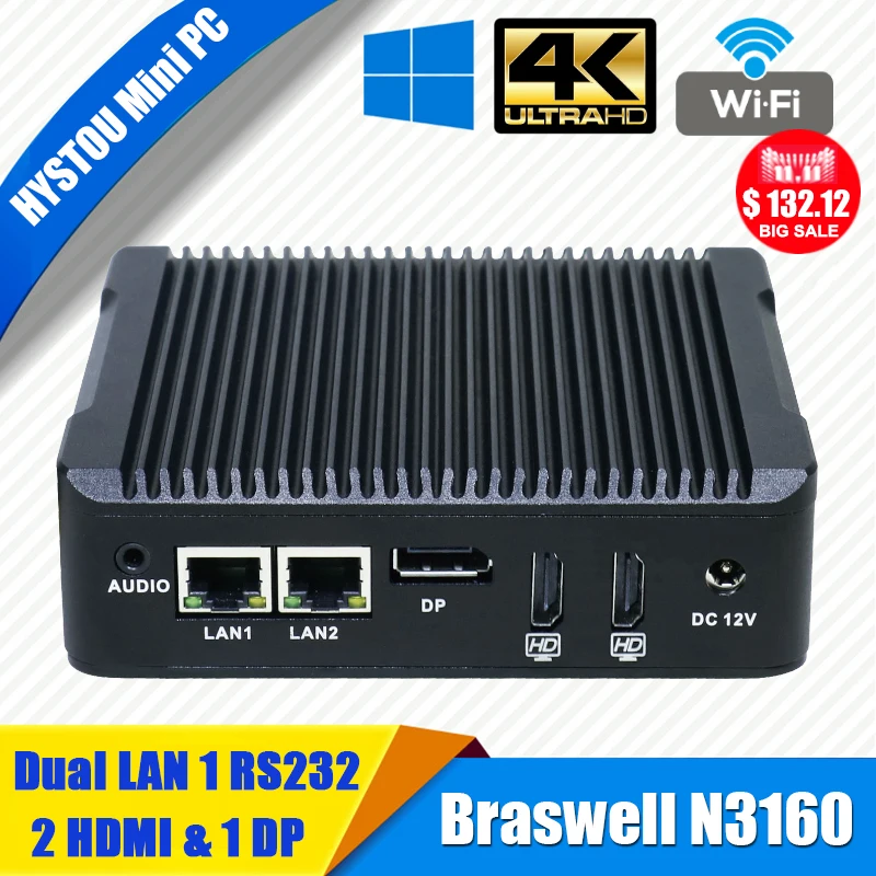 Hystou Мини ПК Windows 10 Intel NUC N3160 безвентиляторный блок компьютер 2 Lan HDMI 4 K HTPC tv КОРПУС Nano