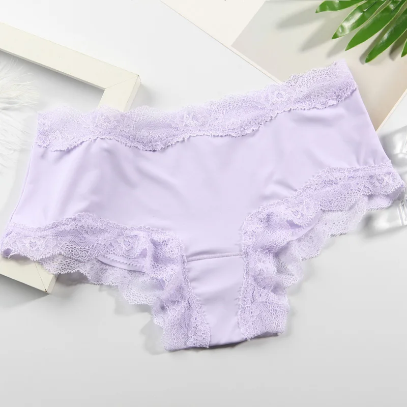 Purple LANGSHA бесшовные трусики женские сексуальные однотонные кружевные бежевые Мягкие Нижнее белье из нейлона Мягкие трусики из шелка трусы нижнее белье для девочек - Цвет: Purple