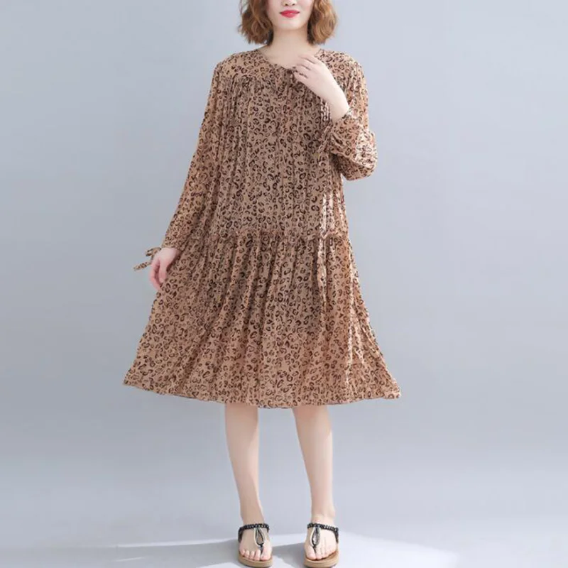 

Women Long Sleeve Chiffon Dress 2019 Spring Summer O-Neck Leopard Printing Dresses Loose Plus Size Vintage Pleated Dress
