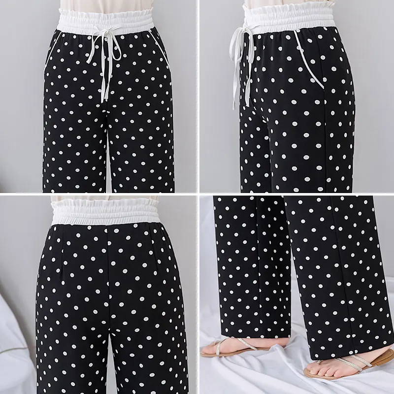 Шифоновые широкие брюки в горошек женские летние черные с высокой талией уличные