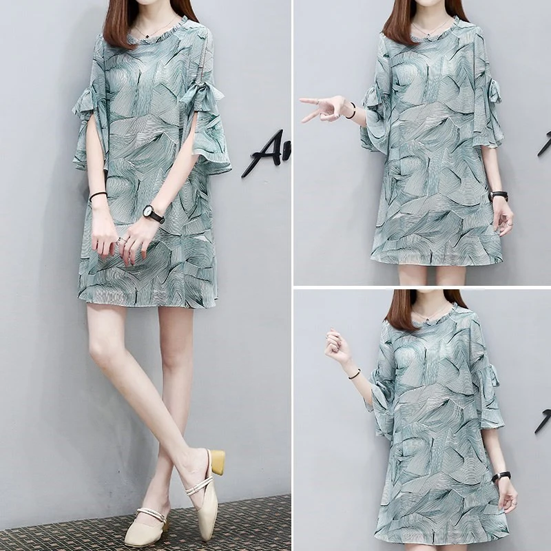 Свободное модное платье с круглым вырезом женское летнее 2020 Новое повседневное