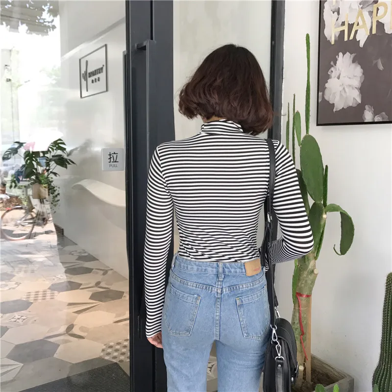Korean Style Long Sleeve T Shirts 2018 Women New Hot Sale Student T-shirt Womens Fashion Harajuku Striped Female Slim Femme Lady | Женская