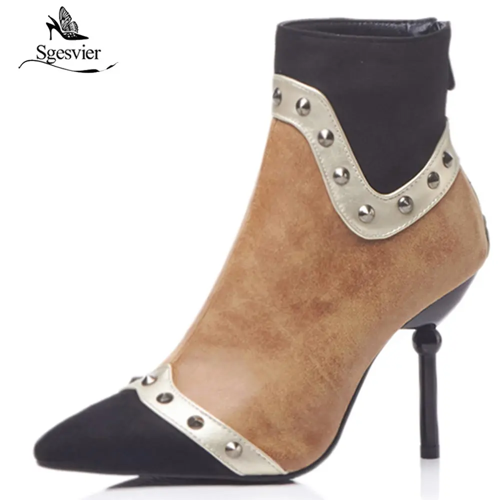 

Sgesvier ankle boots for women 2018 new designer shoes pointed toe studs rivets embellished thin high heels dress booties OX985